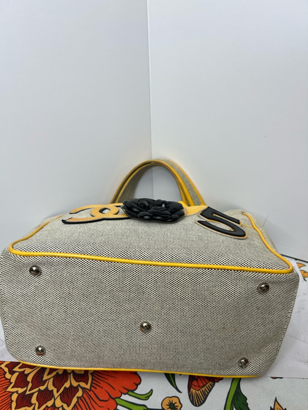 CHANEL Beige Tote with Yellow Trim and Black Camellia Accent - Picture 3 of 5